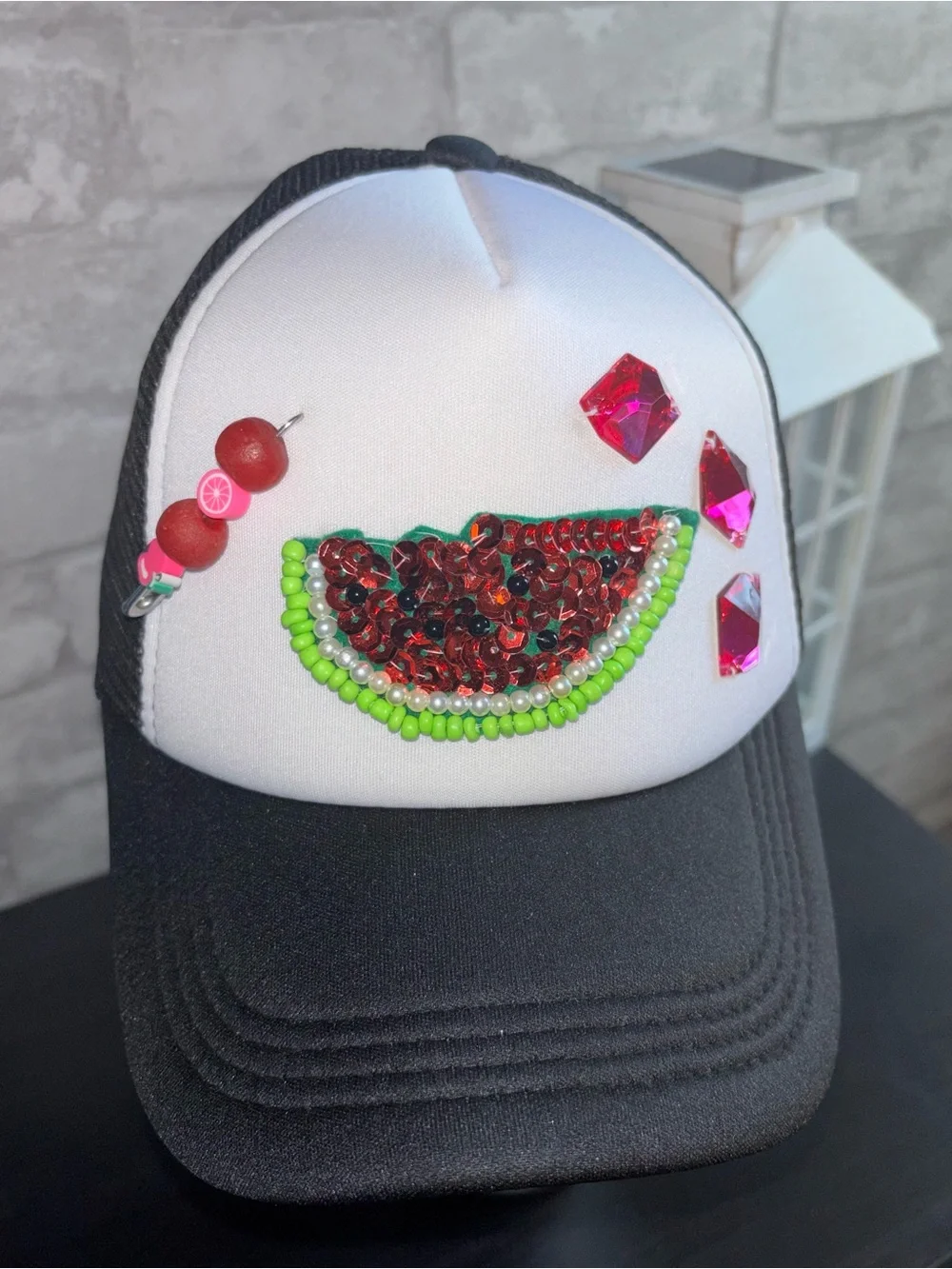 Black & White Trucker Hat w/Handmade, Pink Bead & Green Sequin Watermelon Accent
